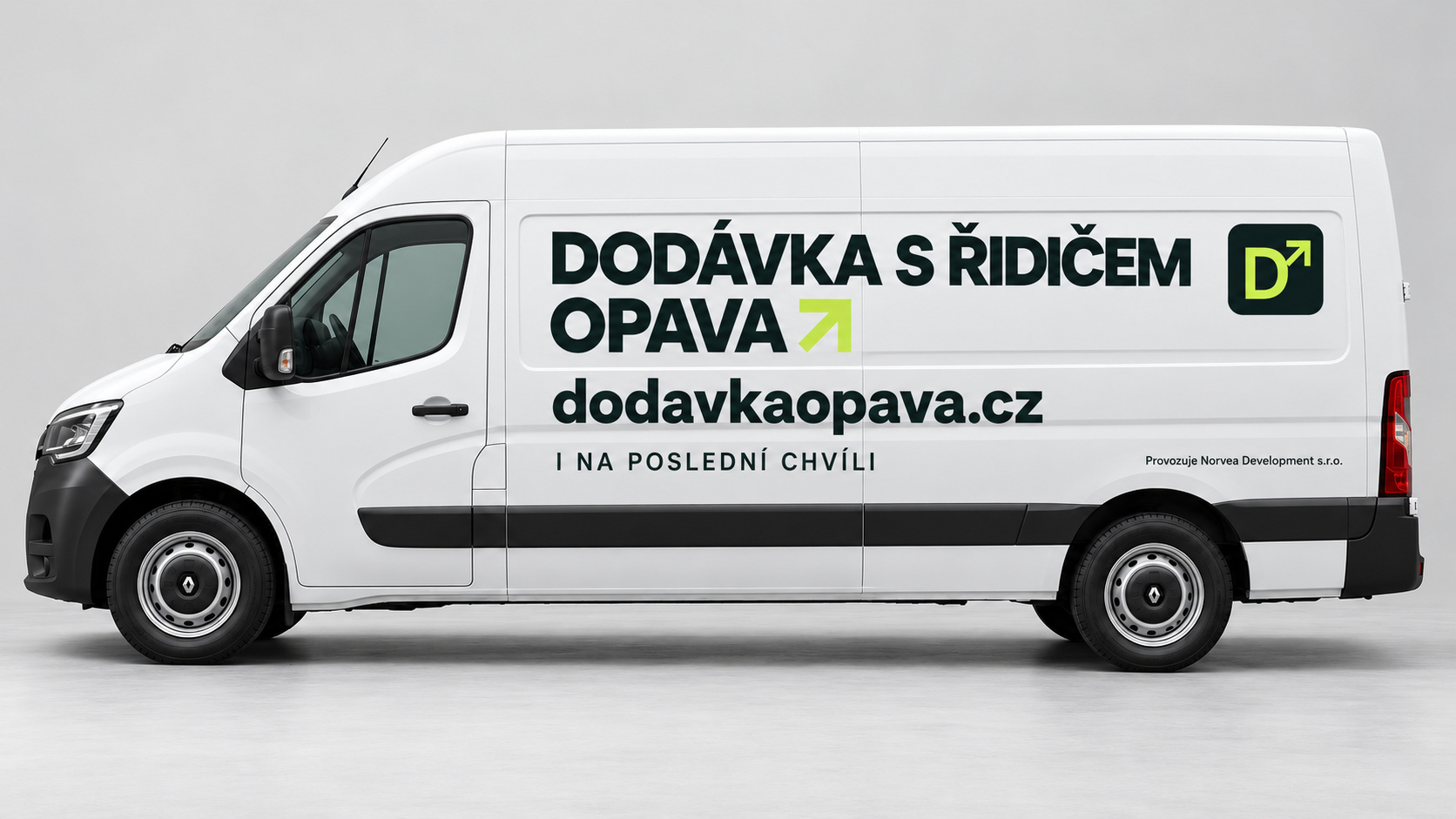 Vizualizace bílé dodávky Renault Master s polepem Dodávka s řidičem Opava